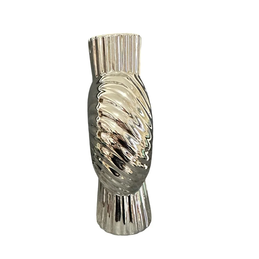 Sculptural Decorative Vase Modern Chrome Silver Swirl Ribbed Ceramic 9.5 Inch